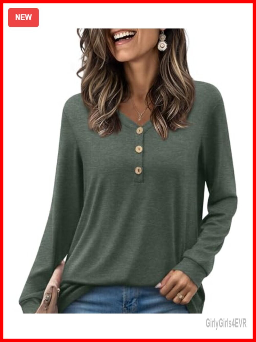HOTGIFT Womens Long Sleeve Tunic Blouse V Neck Button T-Shirt